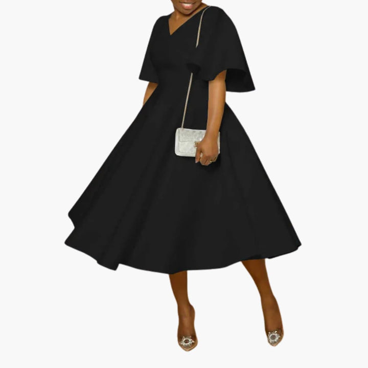 Women’s Midi Dress with V-Neckline and Flutter Sleeves