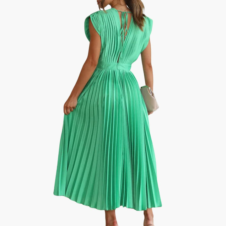 Women’s Midi Dress with Pleated Design and Cap Sleeves