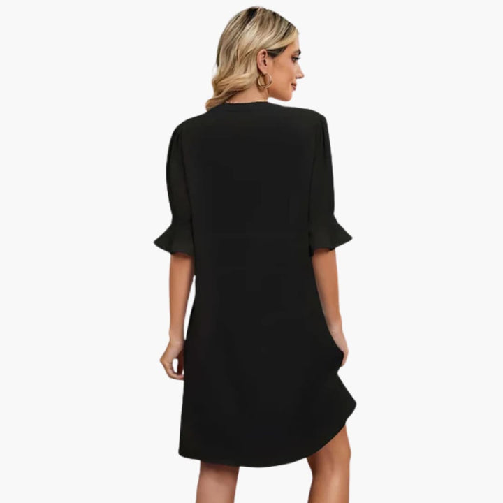 Women’s Shift Dress with V-Neckline and Ruffle Sleeves