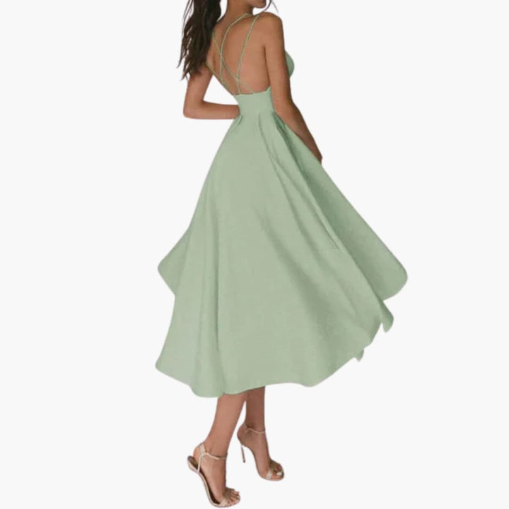 Women’s Midi Dress with Open Back and Flared Skirt