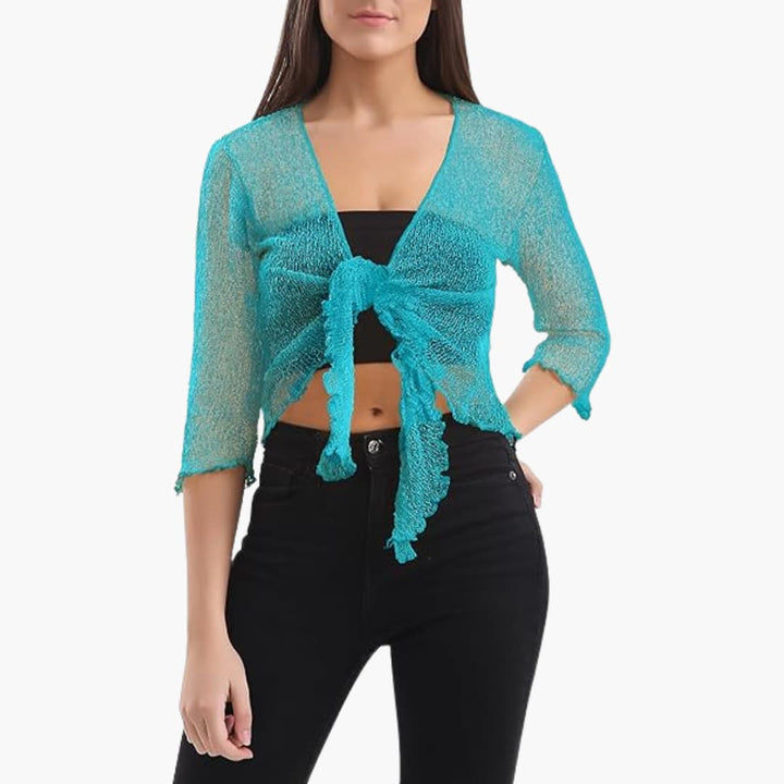 Women’s Cropped Tie-Up Shrug with Three-Quarter Sleeves and Sheer Knit