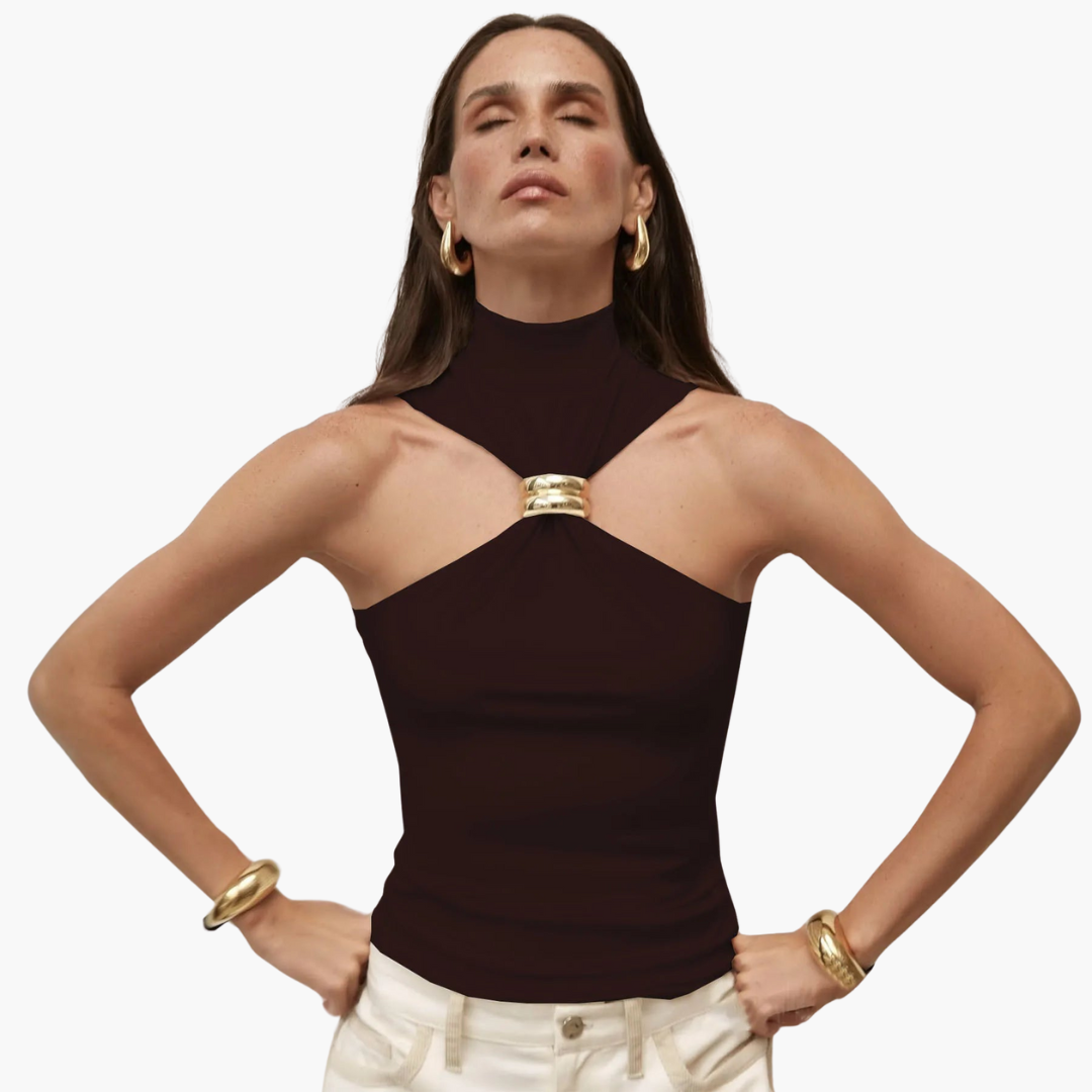 Women’s Halter Top with High Neck and Gold Accent