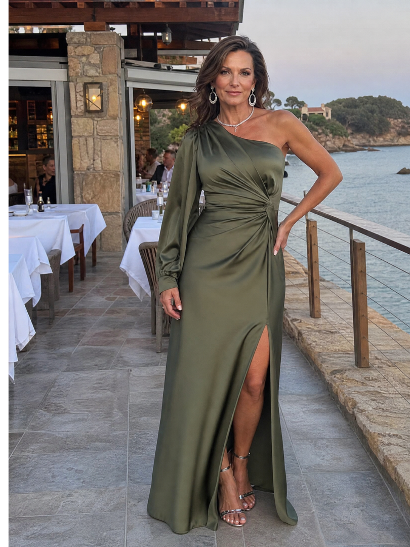 Roniol | One Shoulder Draped Slit Maxi Dress