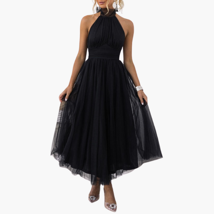 Women’s Tulle Dress with Halter Neck and Flowing Skirt