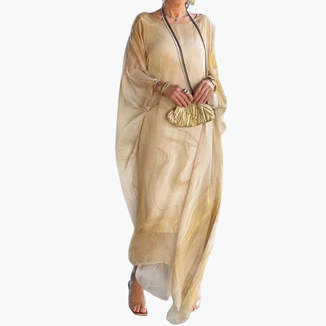 Women’s Maxi Dress with Batwing Sleeves and Round Neckline