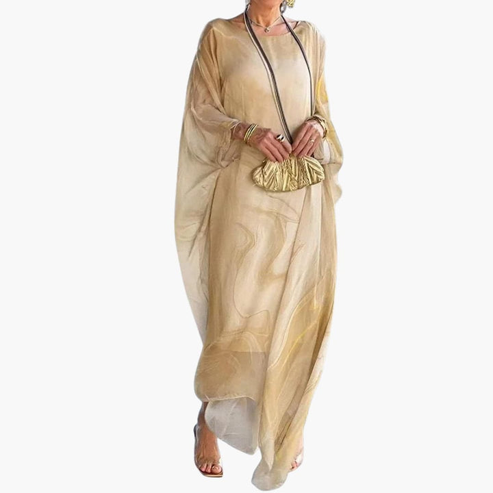 Women’s Maxi Dress with Batwing Sleeves and Round Neckline