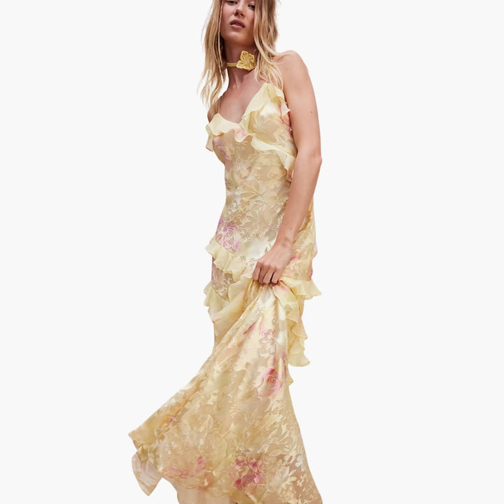 Women Maxi Dress with V-Neck and Ruffle Detail