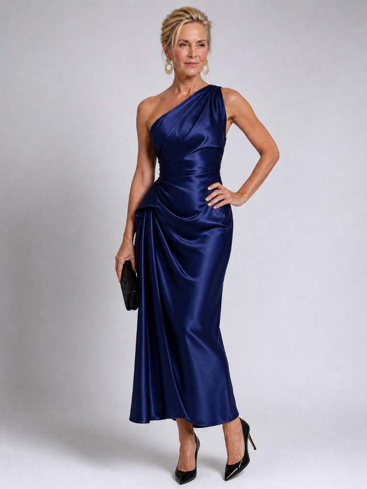 Zeima | One Shoulder Draped Satin Maxi Dress