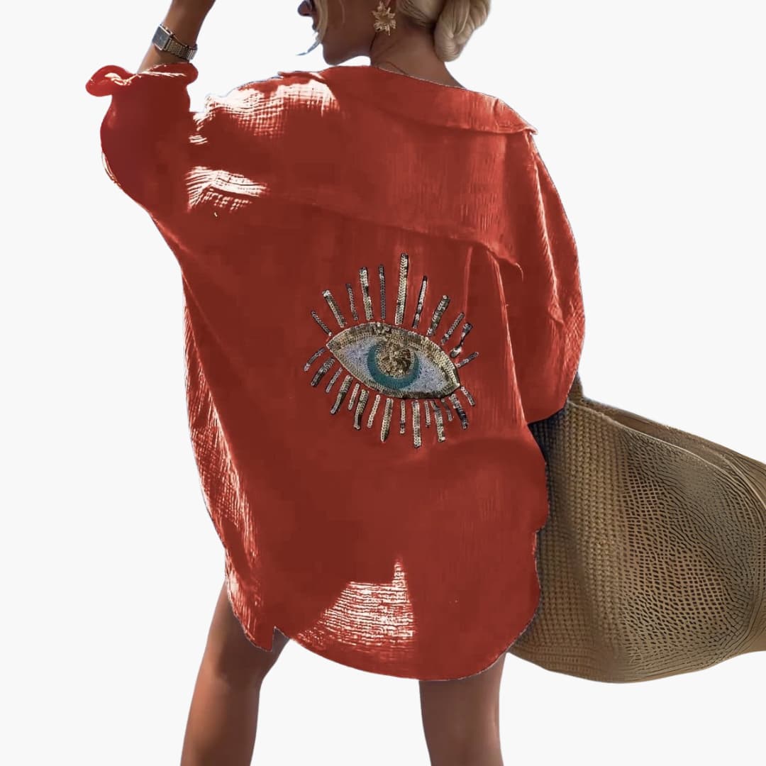 Women’s Oversized Beach Shirt with Collar and Embroidery