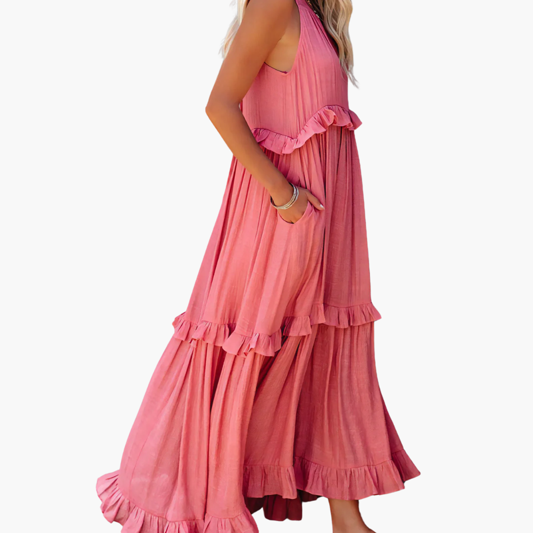 Women’s Maxi Dress with Cascading Ruffle Tiers and Adjustable Straps