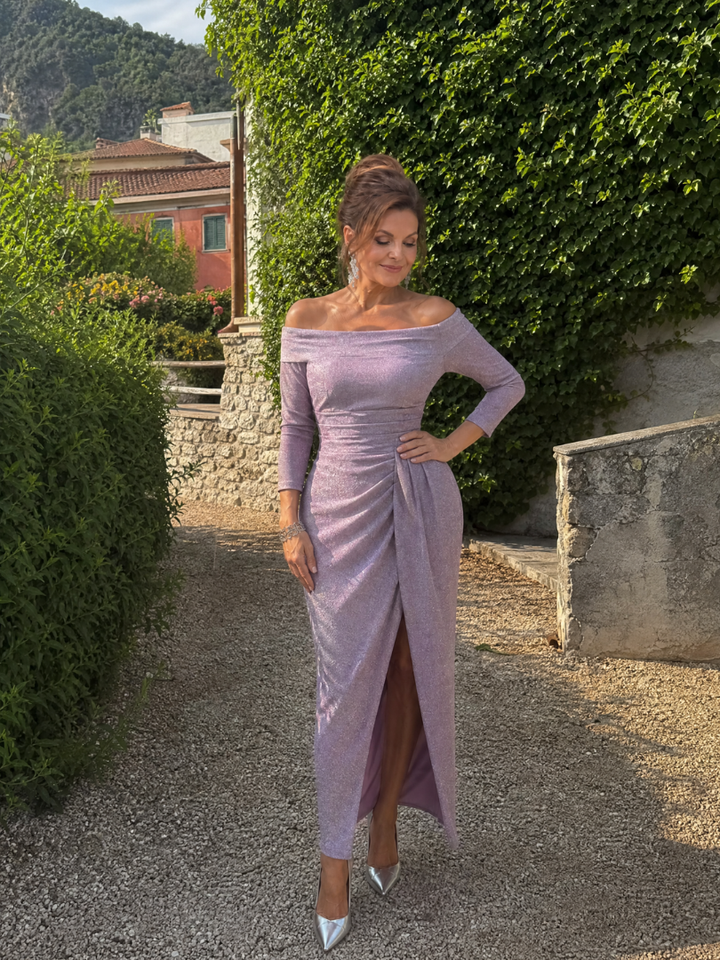 Tindra | Off Shoulder Ruched Slit Maxi Dress