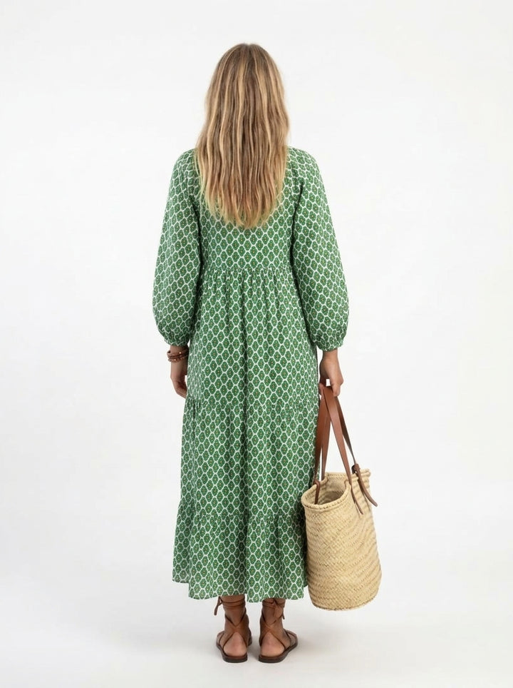 Arlette | Geometric Print Long Sleeve Midi Dress