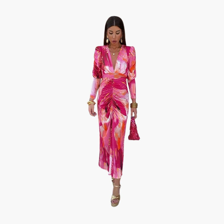 Women’s V-Neck Midi Dress with Flared Skirt