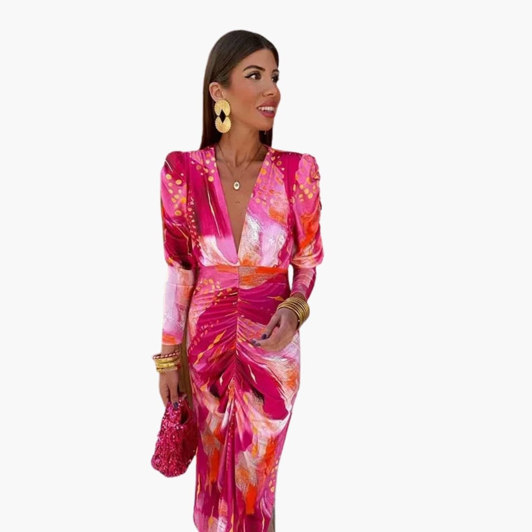 Women’s V-Neck Midi Dress with Flared Skirt