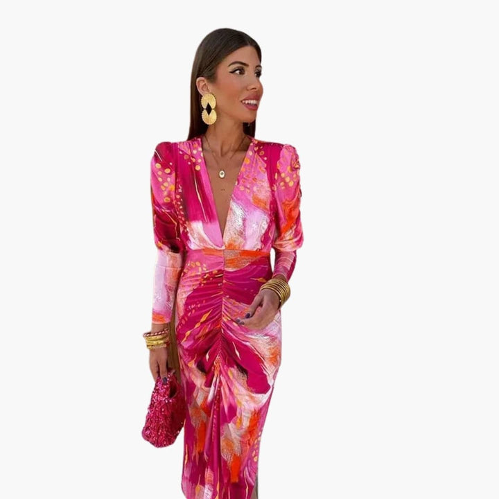 Women’s V-Neck Midi Dress with Flared Skirt