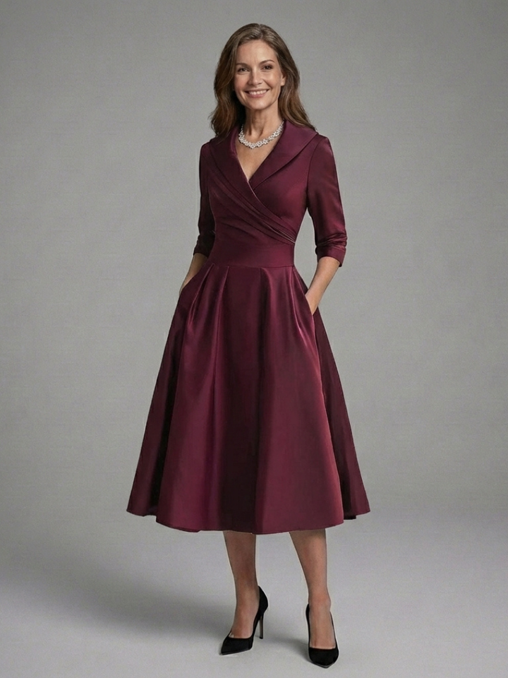 Genevieve | Three-Quarter Sleeve Wrap Bodice Midi Dress
