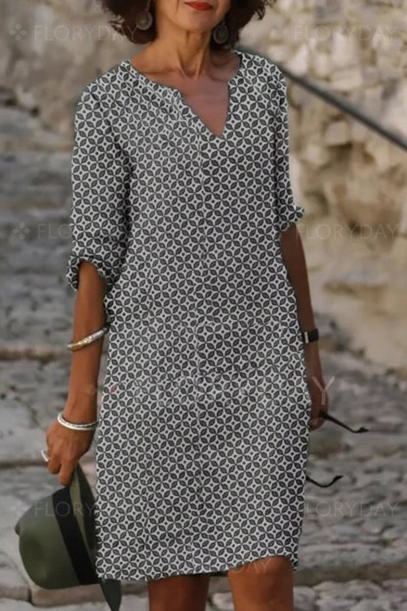 Women’s Short Dress with Notch V Neck and Rolled Sleeves