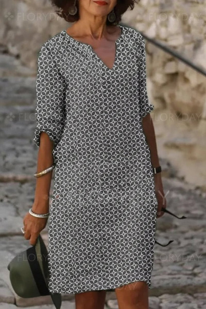 Women’s Short Dress with Notch V Neck and Rolled Sleeves
