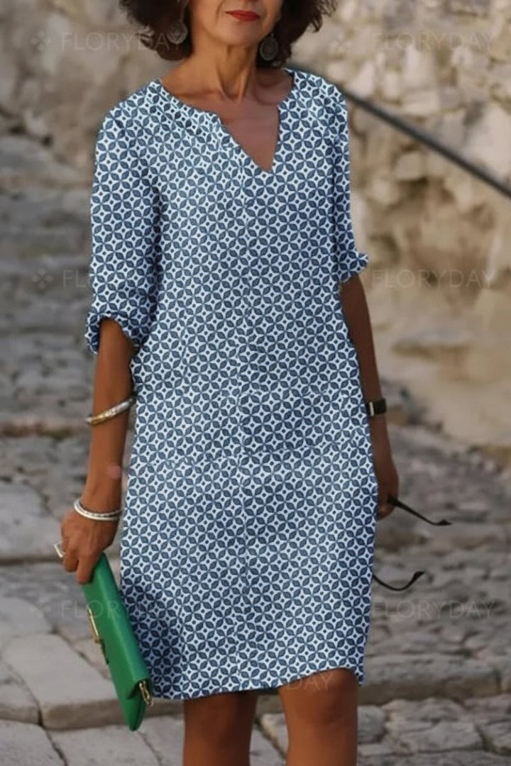 Women’s Short Dress with Notch V Neck and Rolled Sleeves