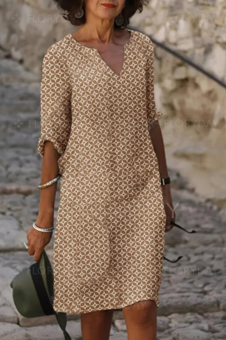 Women’s Short Dress with Notch V Neck and Rolled Sleeves