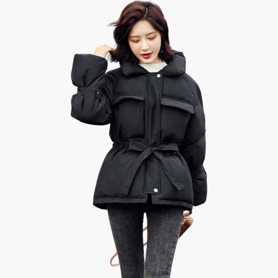 Belted Puffer Jacket with Hood – Women&