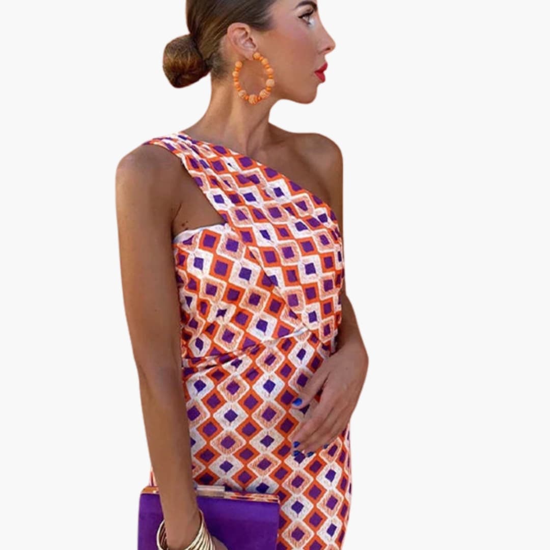 Women’s Dress with Asymmetric Neckline and Lightweight Material
