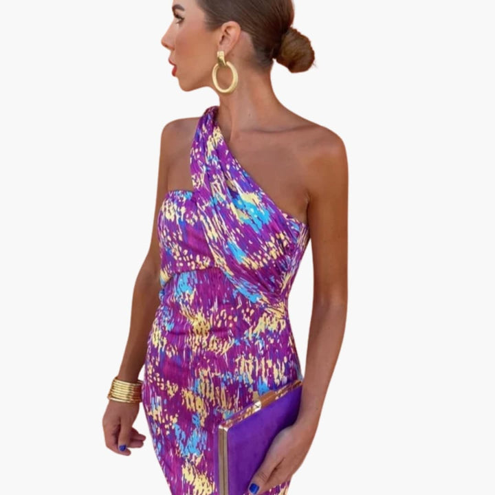 Women’s Dress with Asymmetric Neckline and Lightweight Material