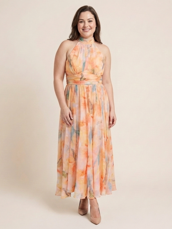 Elara | Sleeveless High Neck Gathered Waist Midi Dress