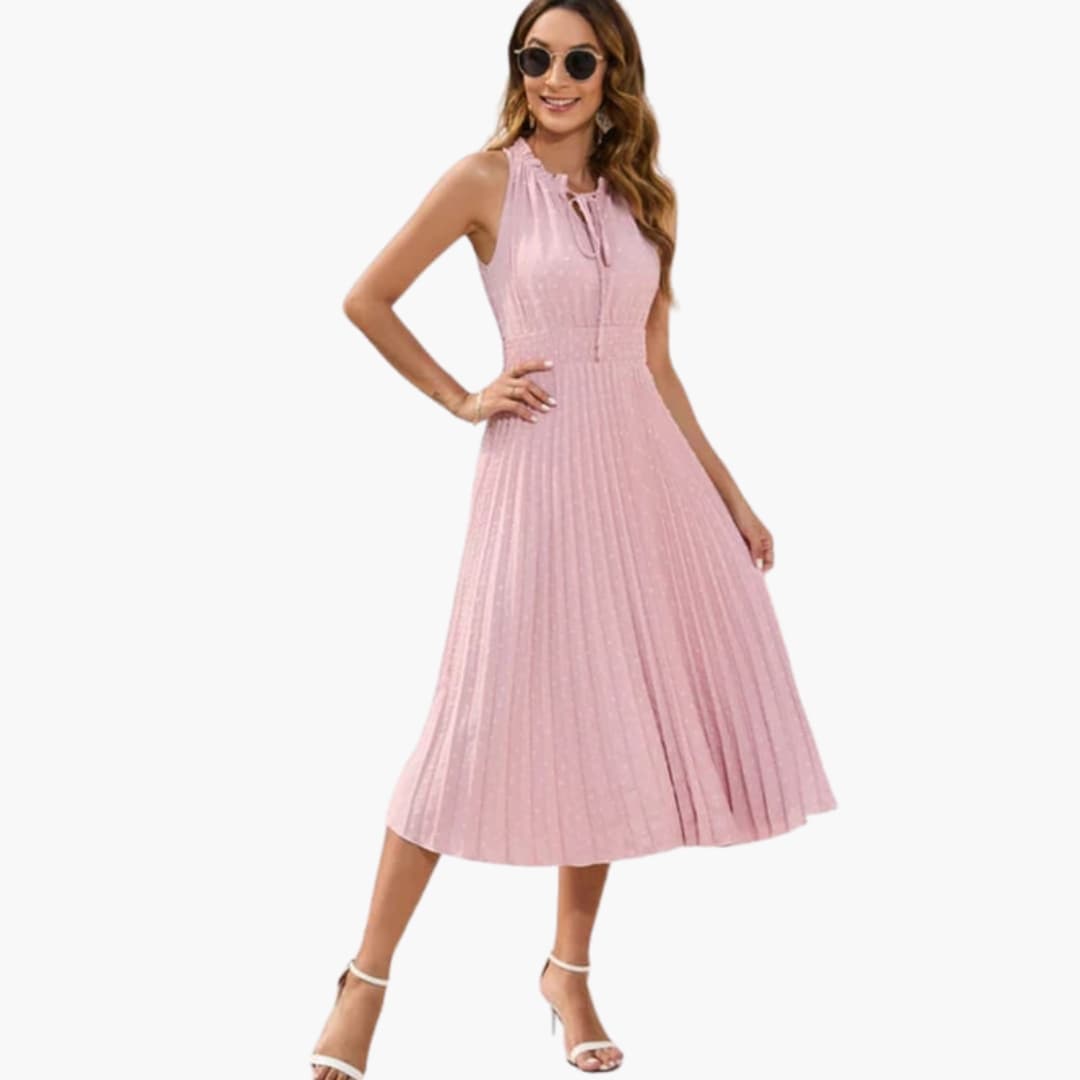 Women’s Midi Dress with Halter Neckline and Pleated Skirt
