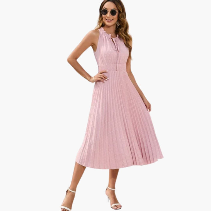 Women’s Midi Dress with Halter Neckline and Pleated Skirt
