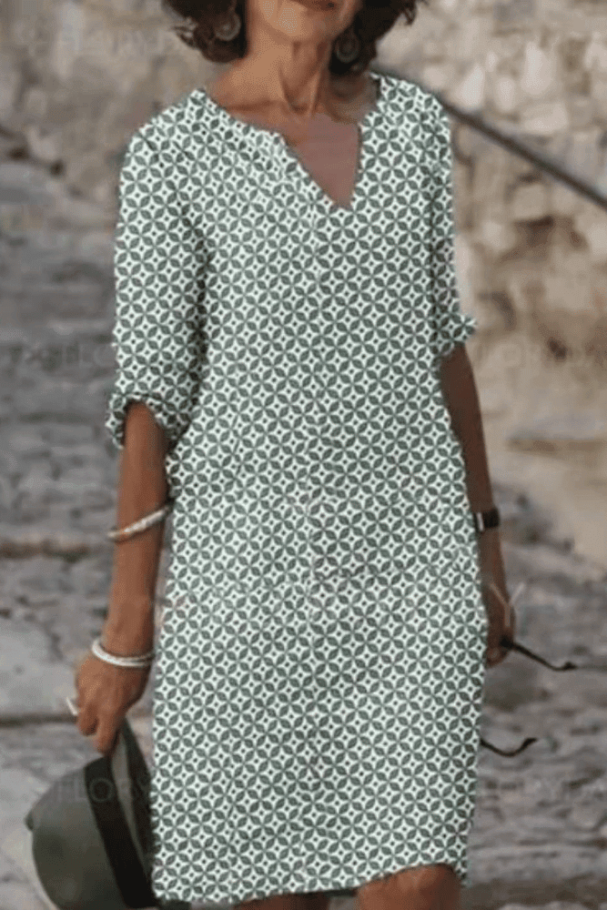 Women’s Short Dress with Notch V Neck and Rolled Sleeves