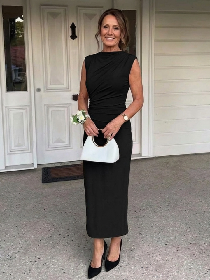 Sabine | Sleeveless Draped High Neck Midi Dress