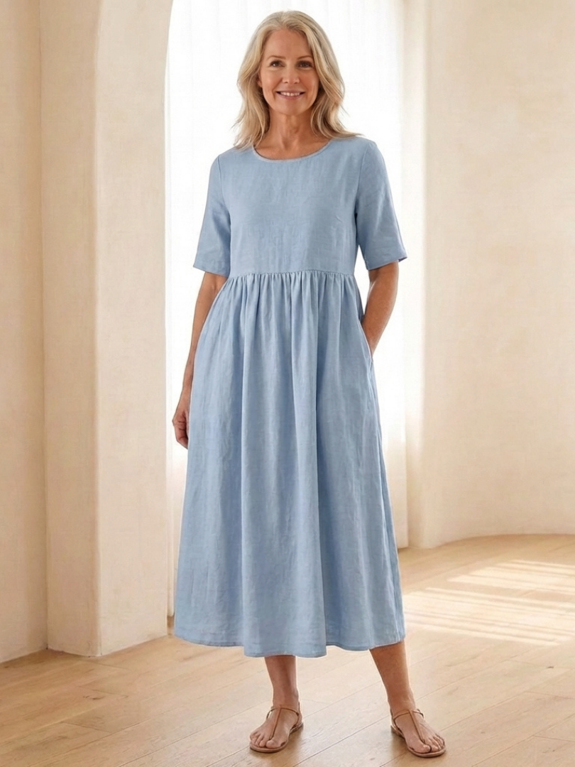 Maribel | Round Neck Short Sleeve Gathered Midi Dress