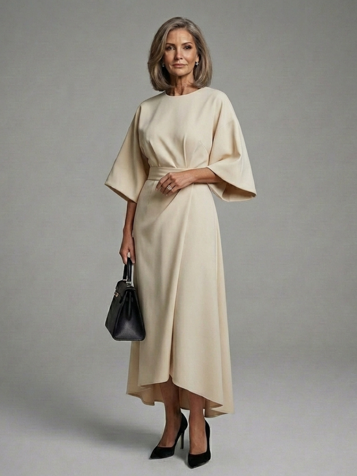 Mermaid | Waist Defined Cape Sleeve Asymmetric Midi Dress