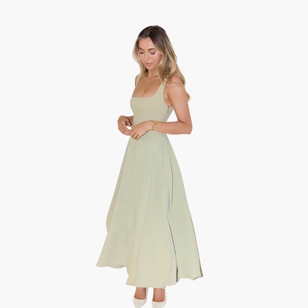 Women’s Midi Dress with Square Neckline and Flared Skirt