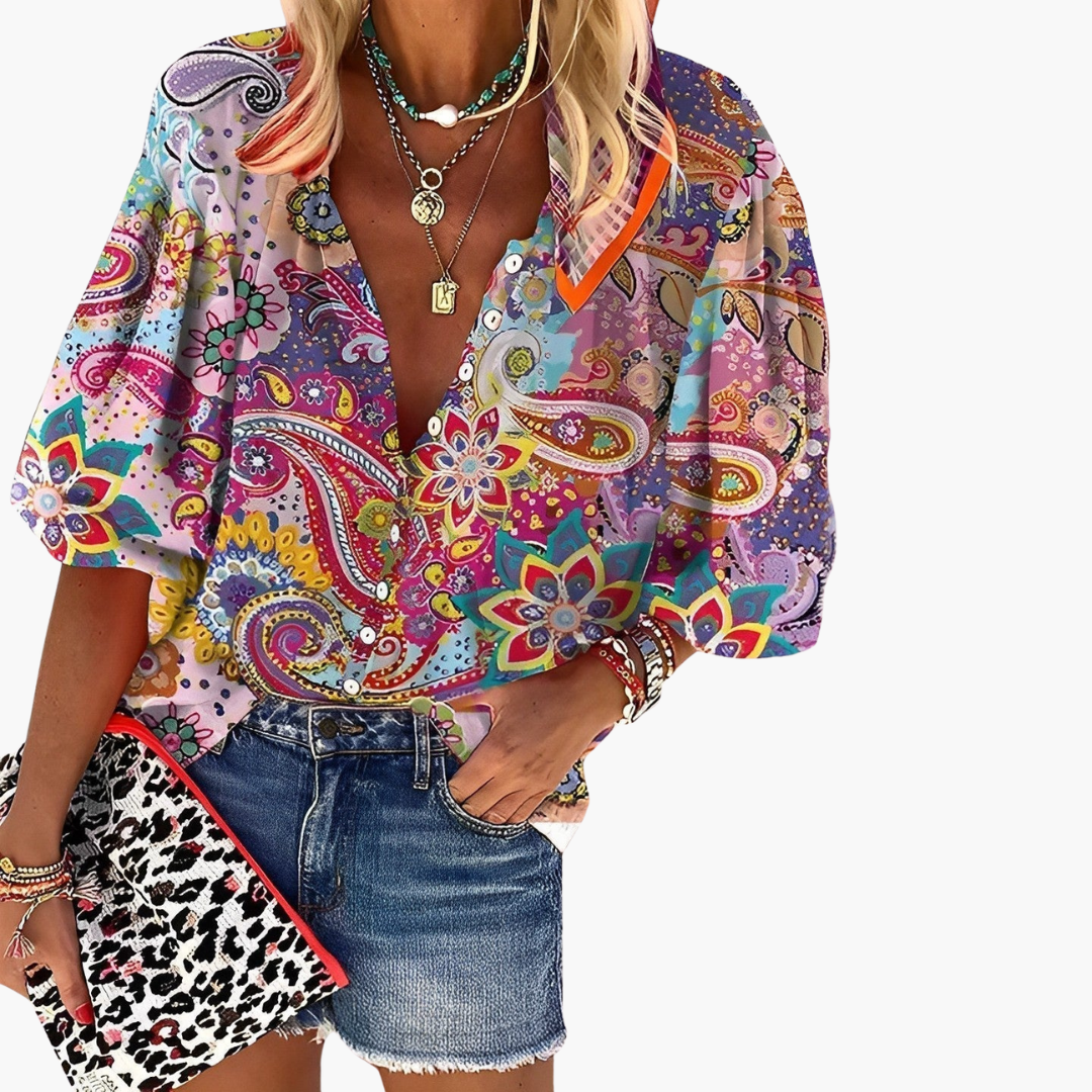 Women’s Blouse with Mandala Print and Drop Shoulders