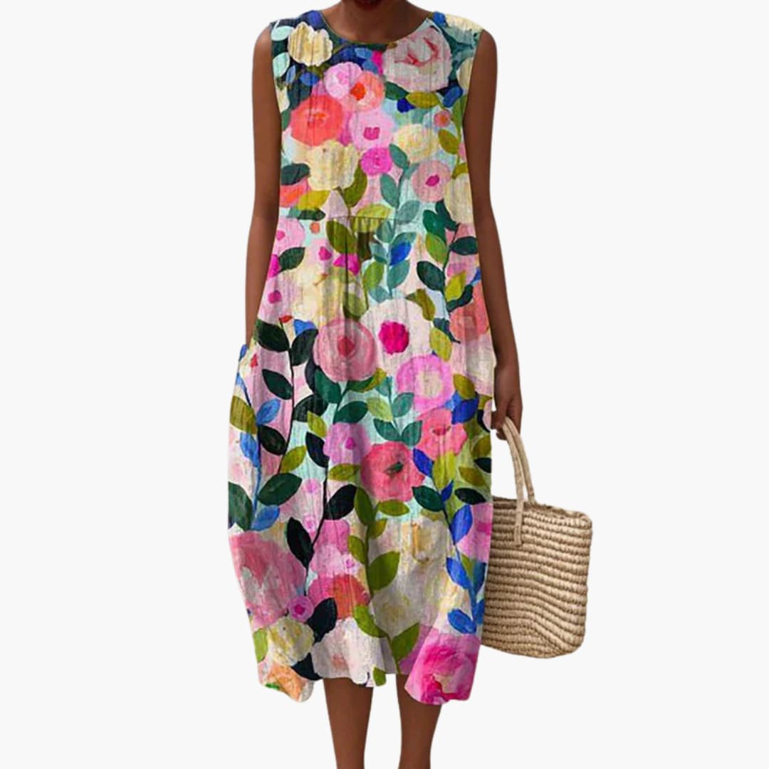 Women’s Round Neck Sleeveless Midi Dress with Tie-Back