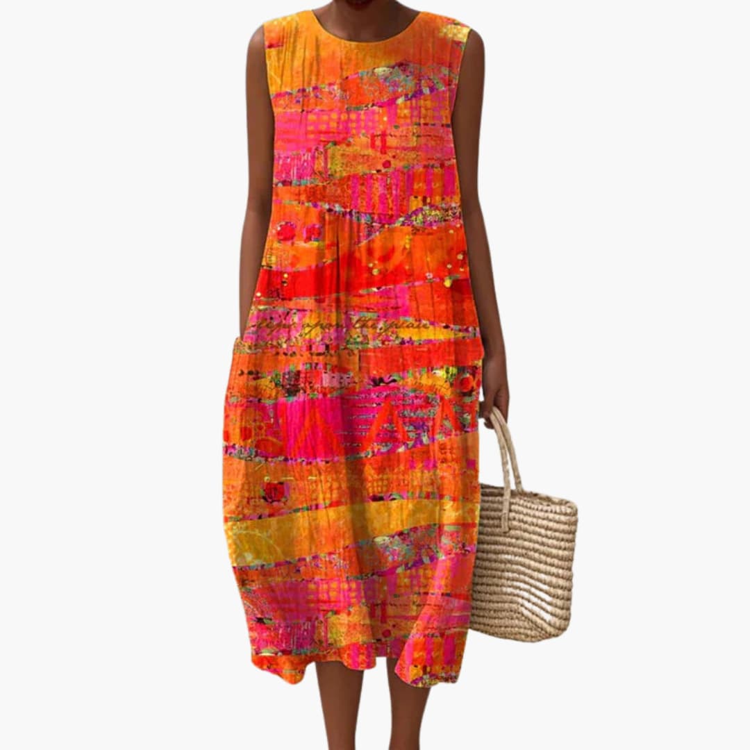 Women’s Round Neck Sleeveless Midi Dress with Tie-Back