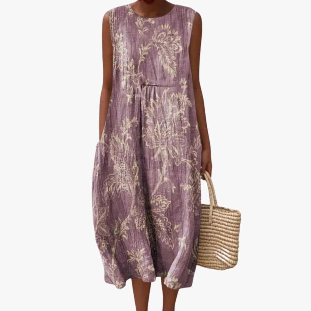 Women’s Round Neck Sleeveless Midi Dress with Pockets