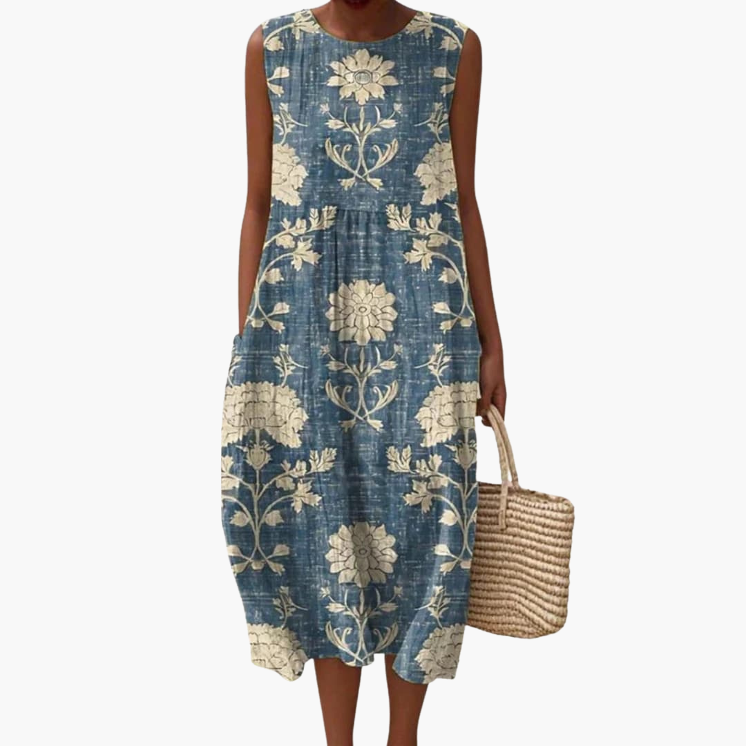Women’s Round Neck Sleeveless Midi Dress with Pockets