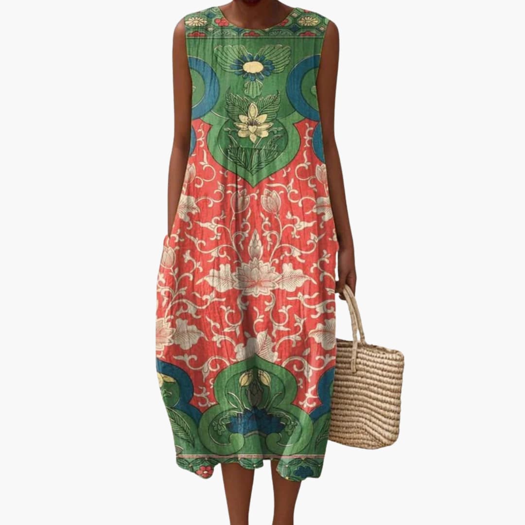 Women’s Round Neck Sleeveless Midi Dress with Pockets