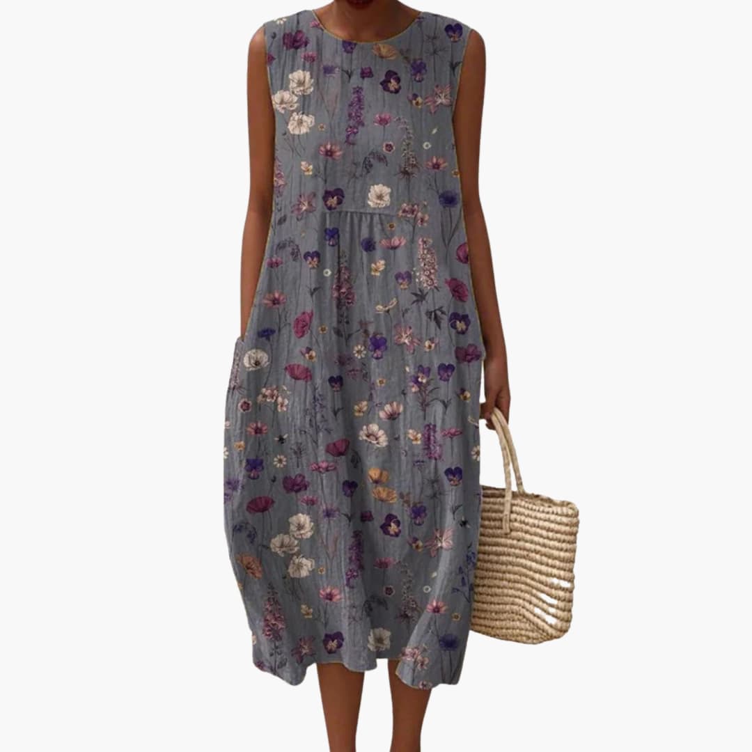 Women’s sleeveless midi dress with floral print and pockets