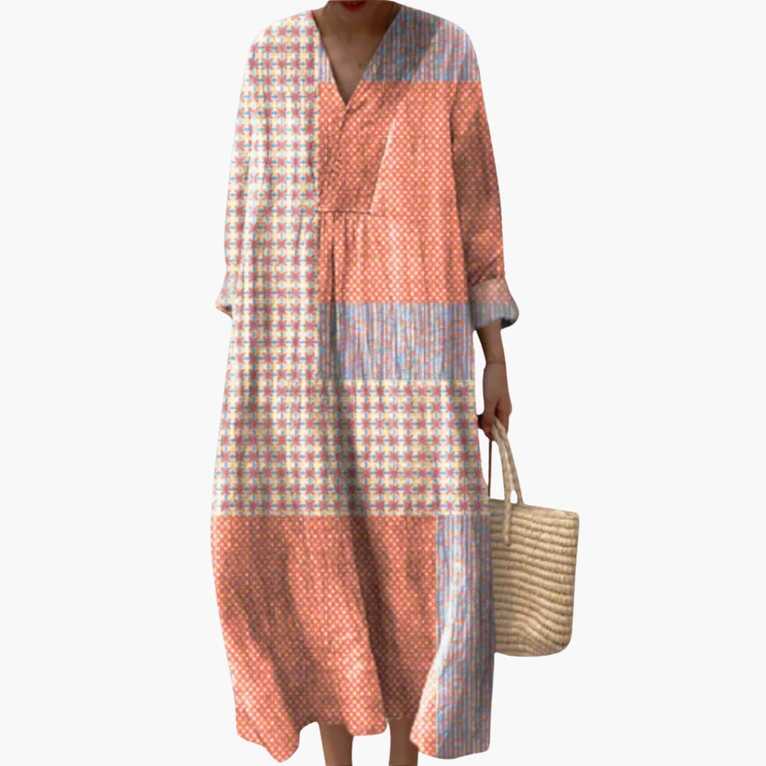 Women’s V-Neck Long Sleeve Patchwork Dress – Ankle-Length