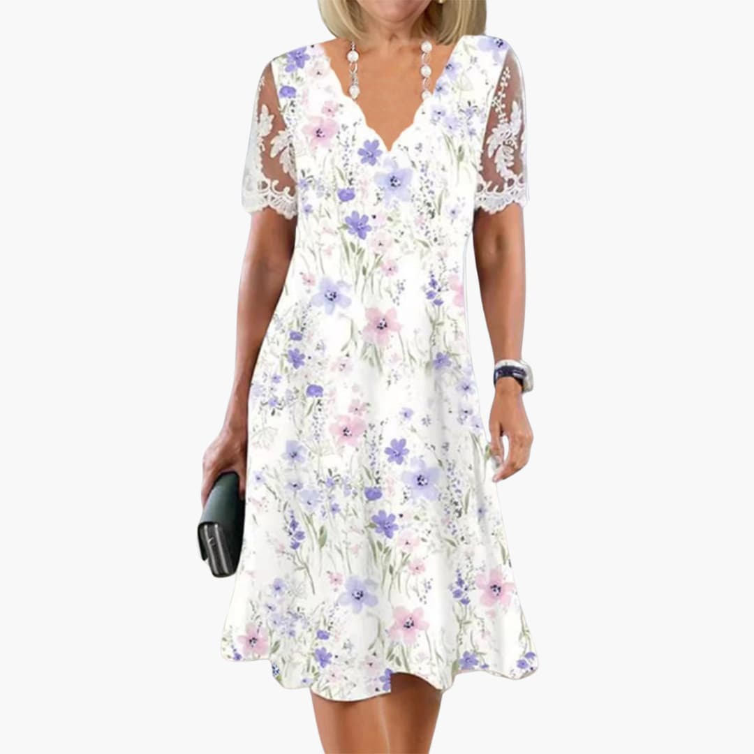 Women’s Midi Dress with Lace Sleeves and Floral Print