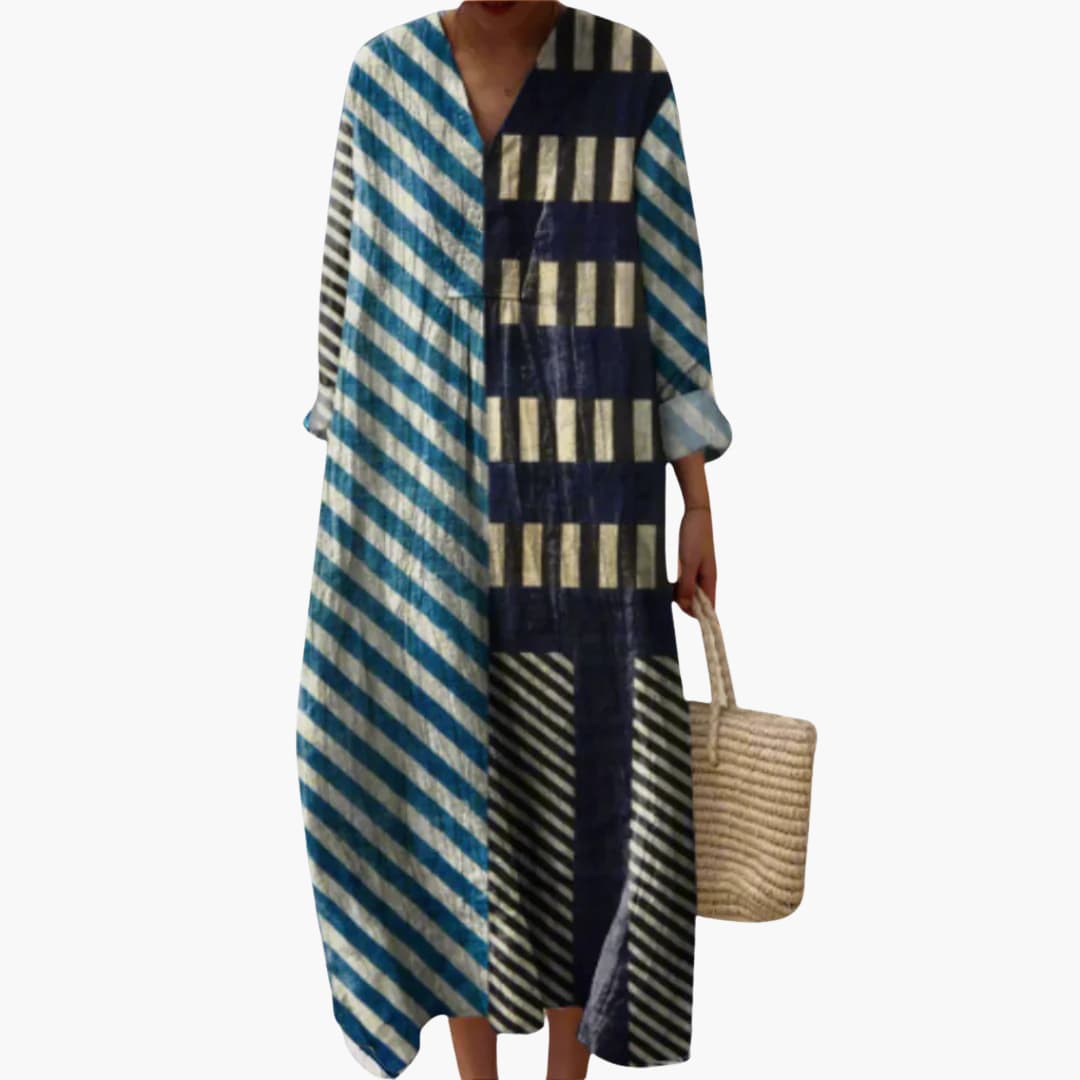 Women’s V-Neck Long Sleeve Midi Dress – Geometric Striped Patchwork