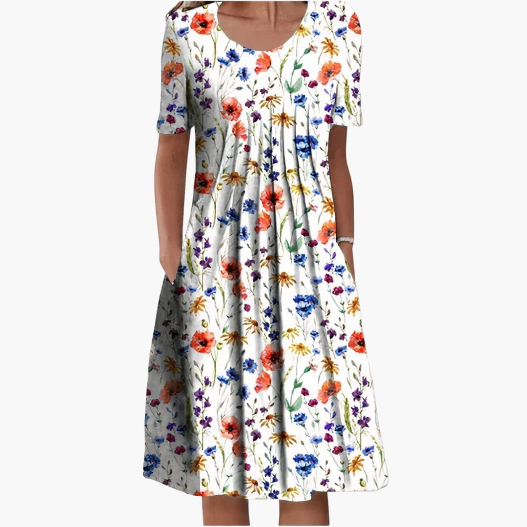 Women’s Floral Midi Dress with Ruffle Detailing and Side Pockets