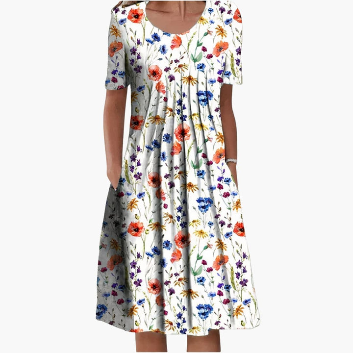 Women’s Floral Midi Dress with Ruffle Detailing and Side Pockets