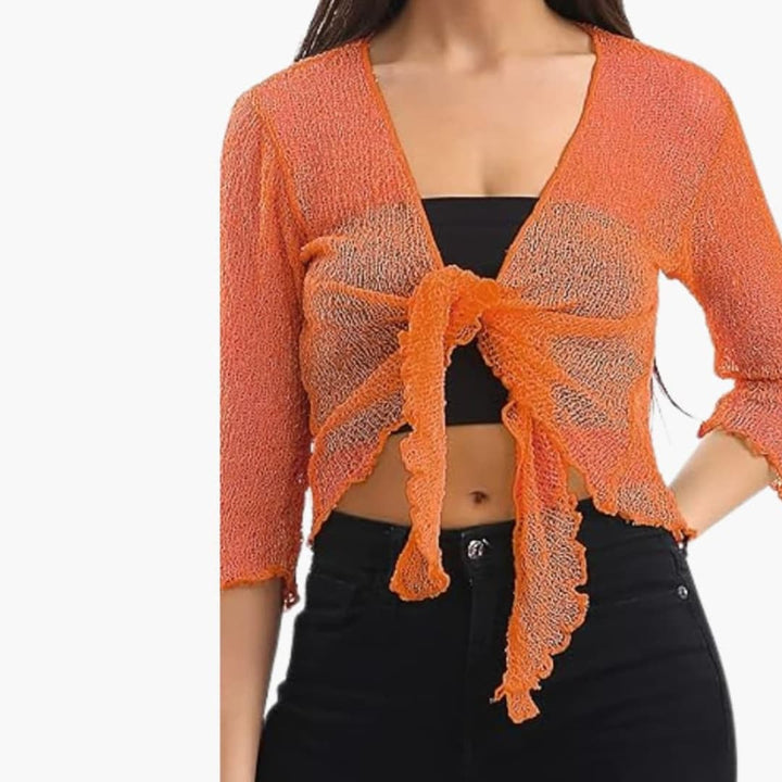 Women’s Cropped Tie-Up Shrug with Three-Quarter Sleeves and Sheer Knit