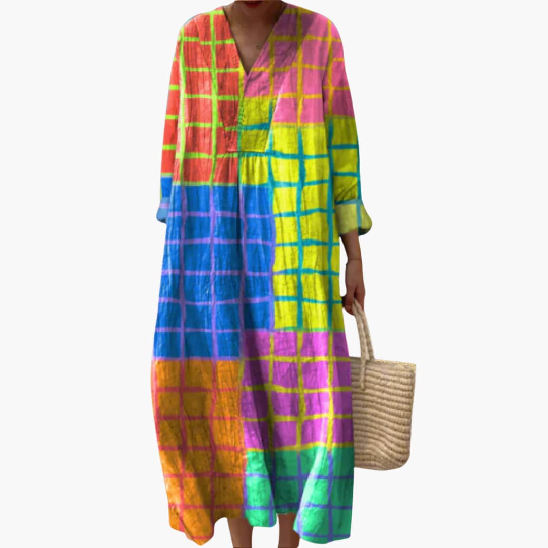 Women’s V-Neck Long Sleeve Midi Dress – Grid Geometric Print