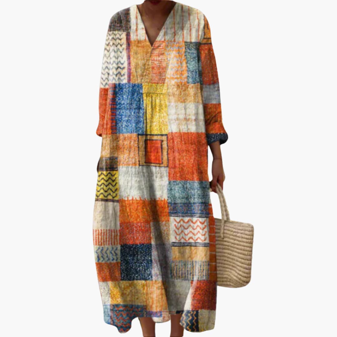 Women’s V-Neck Long Sleeve Ankle-Length Dress – Geometric Patchwork